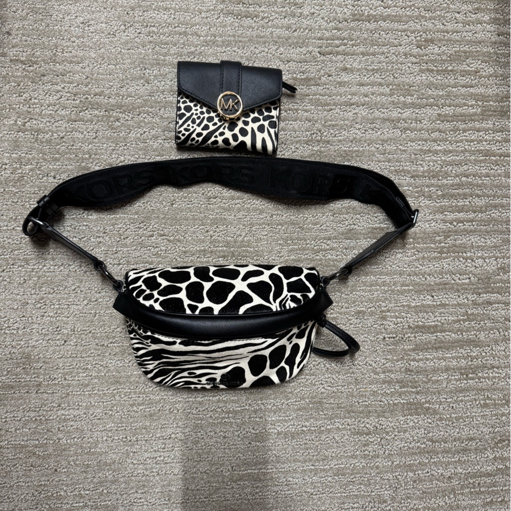 Michael Kors Black and White Animal Print Crossbody Bag and wallet